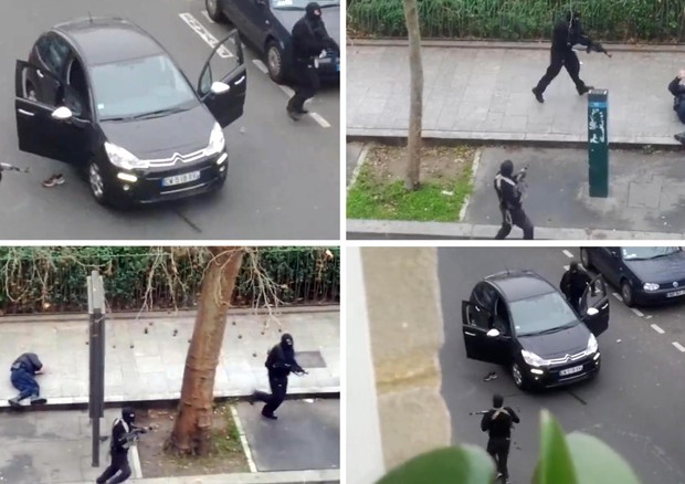 Un fermo immagine tratto dal filmato di un videoamatore postato su Youtbe mostra un momento  dell'assalto al giornale sartirico Charlie , 7 gennaio 2015 © ANSA