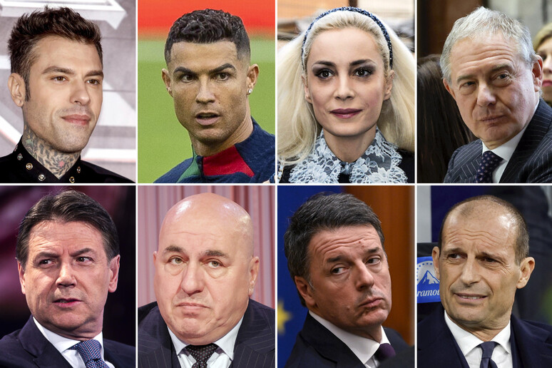 Fedez, Ronaldo, Fascina, Urso. Seconda fila da sx: Conte, Crosetto, renzi, Allegri -     RIPRODUZIONE RISERVATA